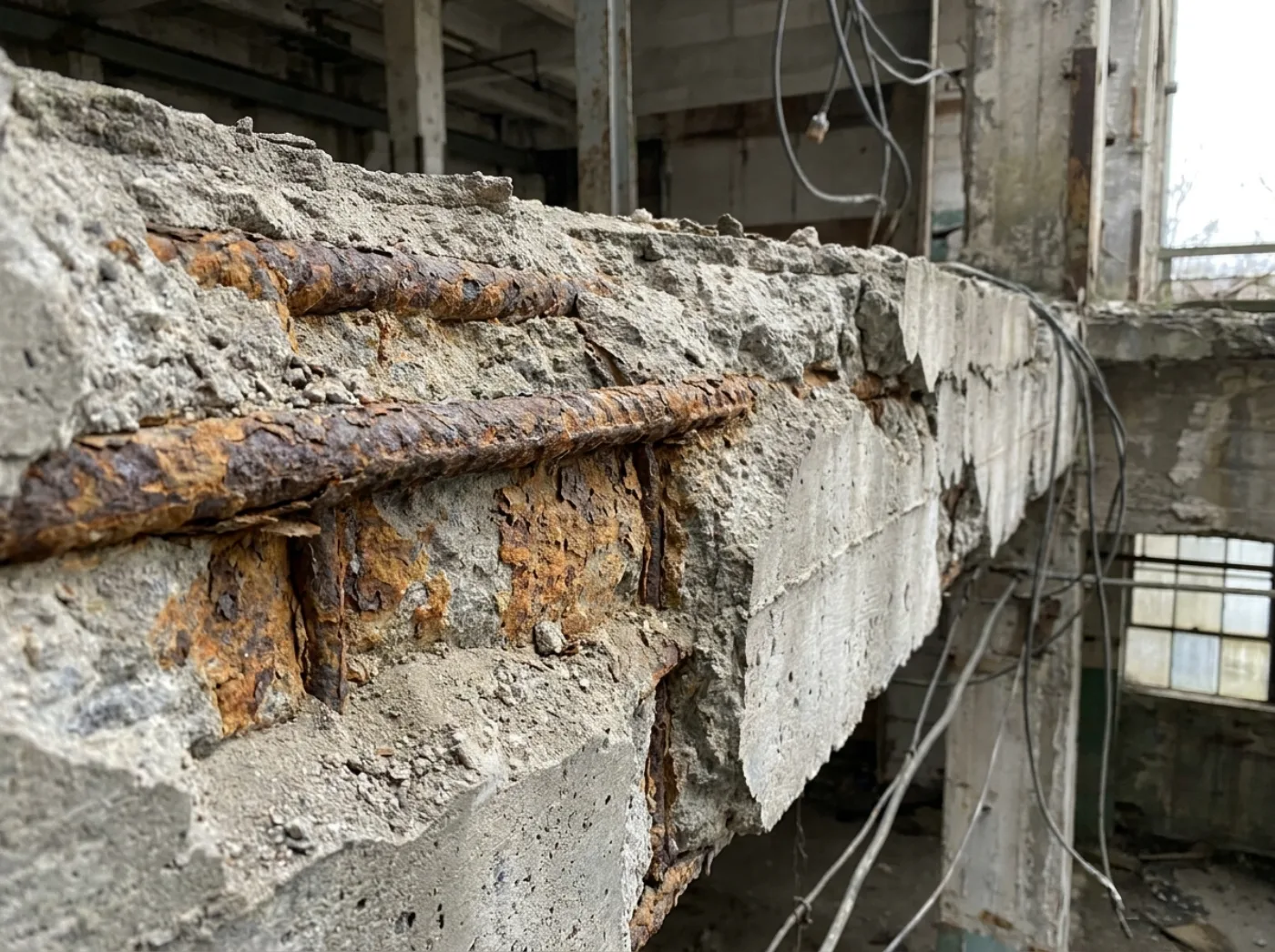 Corrosión de armadura expuesta en viga de hormigón