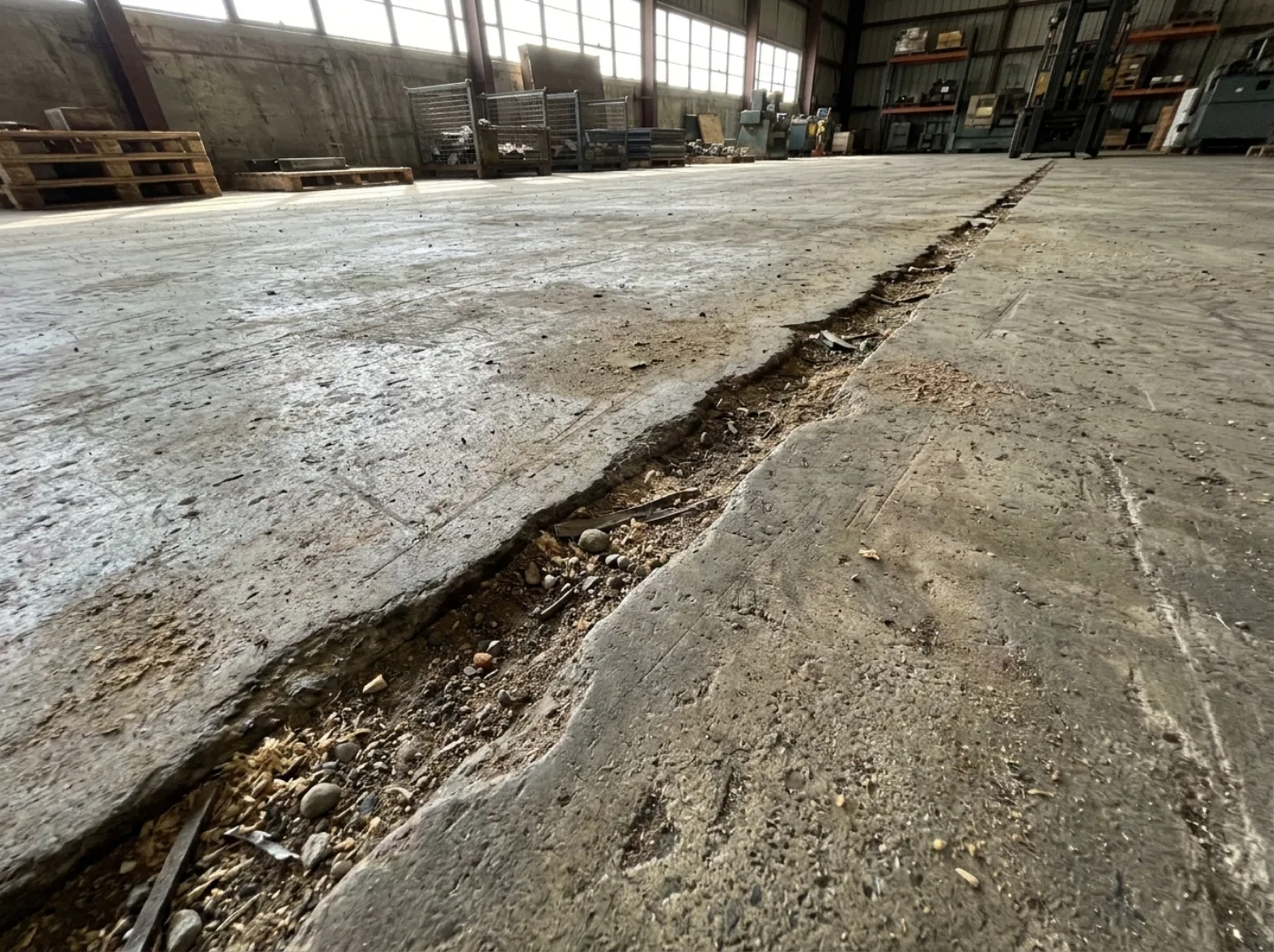 Fisura longitudinal en piso industrial de hormigón