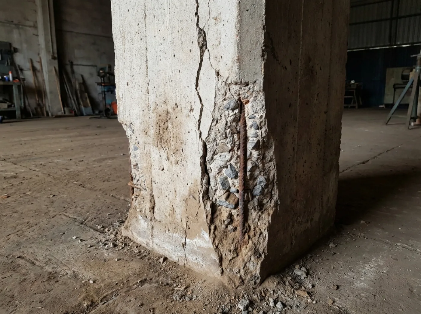 Base de columna de hormigón con desprendimiento y deterioro severo