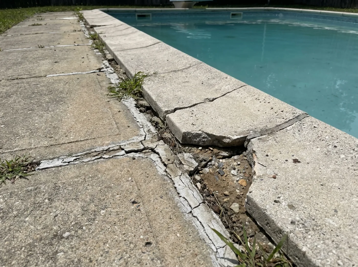 Borde de solado con asiento y rotura junto a piscina