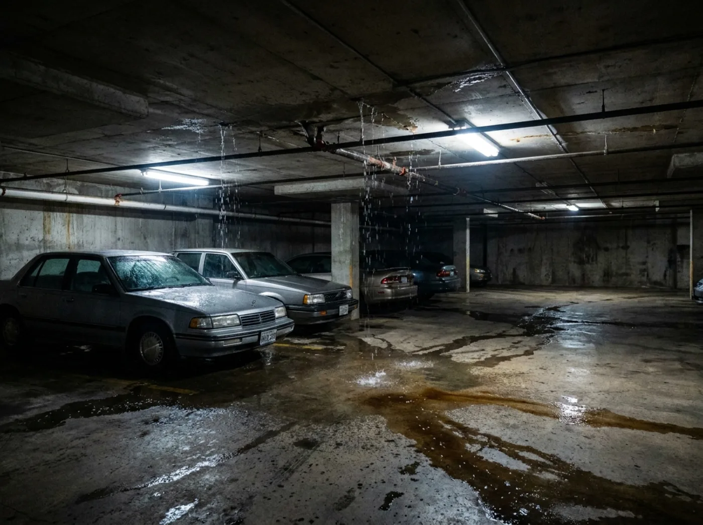 Estacionamiento con filtraciones activas y acumulación de agua